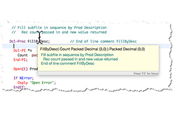 Figure 1. When you hover over an externally described field, you’ll see the hyperlinked name and definition, file and format name where that field is defined—including the external qualified name of the file object(s) where the compiler found the definition. 